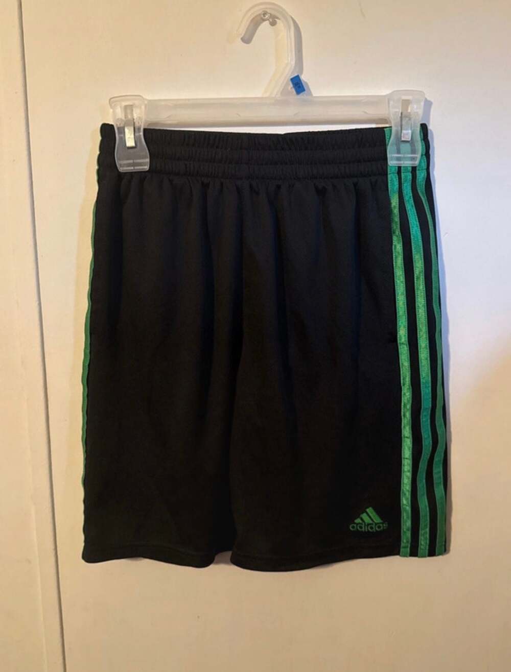 Adidas Black and Green Three Stripe Athletic Shorts youth boys